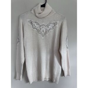 Vintage Silk/Angora SMALL Lace Pearl Turtleneck Sweater MEDIUM Ivory Grannycore